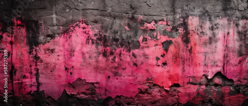 black red rough surface, old concrete wall, pink magenta grunge cement background, panoramic wide banner. Generative AI