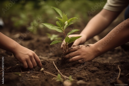 A heartwarming scene of people planting trees and caring for saplings in a forest, captured in warm lighting with a focus on hands holding the saplings, created with generative A.I. technology.