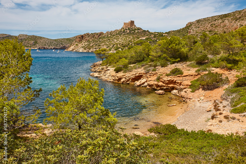 Turquoise waters in Cabrera island bay. Balearic archipelago. Spain