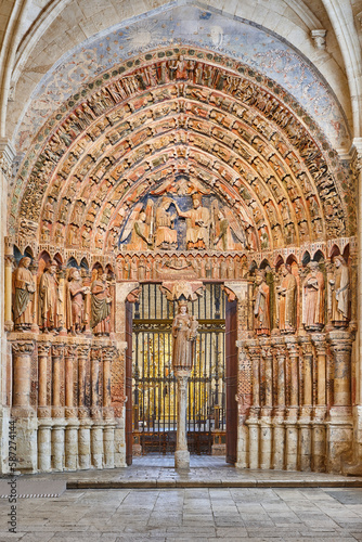 Romanesque colored arcade interior. Toro cathedral, Zamora, Spain