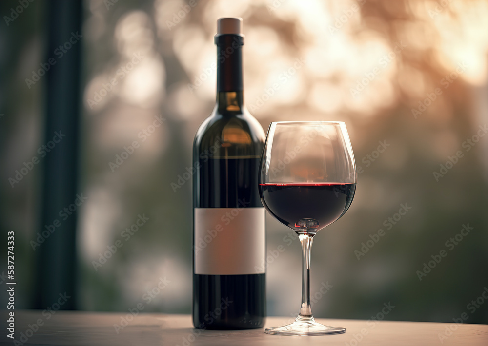 A bottle of wine with a filled glass of champagne against the backdrop of nature. AI generated A bottle of wine with a filled glass of champagne against the backdrop of nature. AI generated
