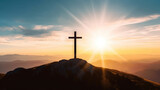 cross crucifixion of the crucifixion of jesus christ on a mountain with a sunset background. Generative AI