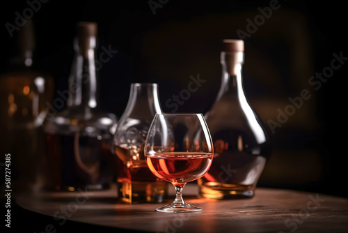 A bottle of cognac with a filled glass of cognac on a dark blurred background. AI generated