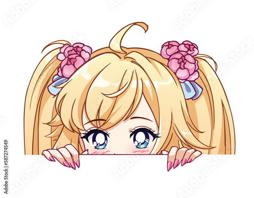 Anime peeking girl. Big eyes, blonde hair, pink nails