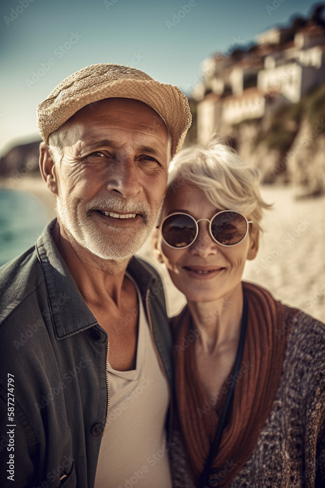 A happy senior couple in their 50s, enjoying their vacation on the beach