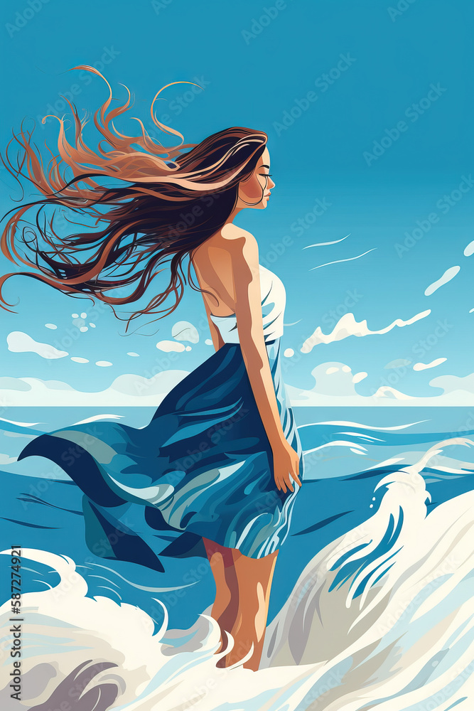 girl woman, flowing hair , dance in wind, sea sky background, summer breeze ocean wave dress, flat cartoon character . Generative AI