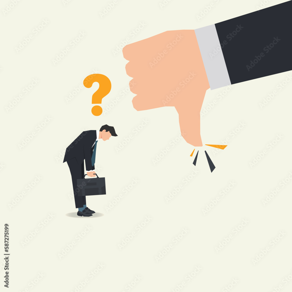 Businessman with thumb down. Bad performance, bullying, negative feedback and issue vector illustration Businessman with thumb down. Bad performance, bullying, negative feedback and issue vector illustration