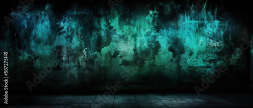 horror green blue wall  grunge dark smoke texture  black haunted background for horror thriller mystery movie poster design. Generative AI