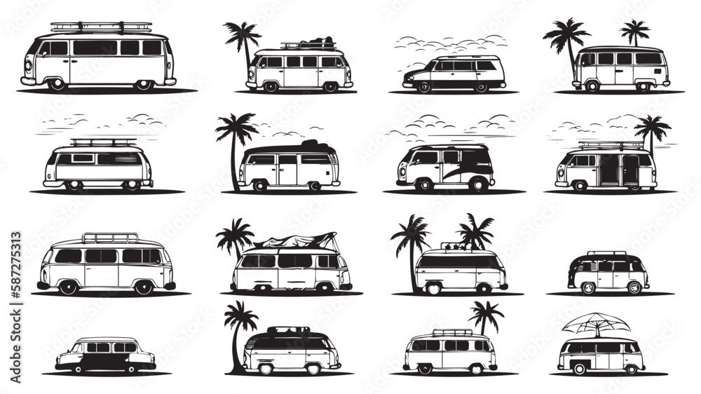 Collection of beach bus black and white.line illustration of travel bus on transparent background. Collection of beach bus black and white.line illustration of travel bus on transparent background.