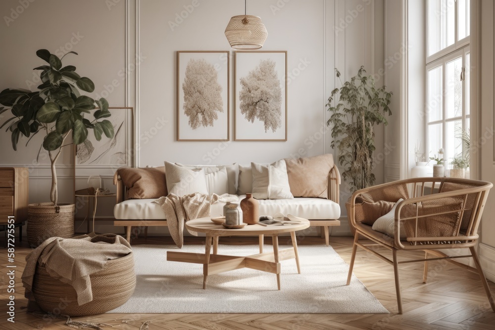 Classic living room decor. Pale room. Scandi Boho. Generative AI Classic living room decor. Pale room. Scandi Boho. Generative AI