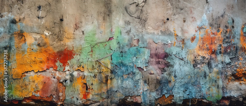 old concrete cement wall  grunge rough texture  colorful paint background  fancy wallpaper  summer banner spring poster. Generative AI
