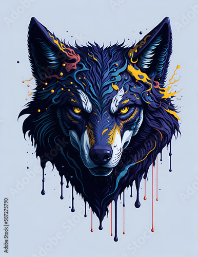 Splash art of a wolf head, colorful paint, piercing eyes, fantasy concept art, hyper-detailed, Generative AI