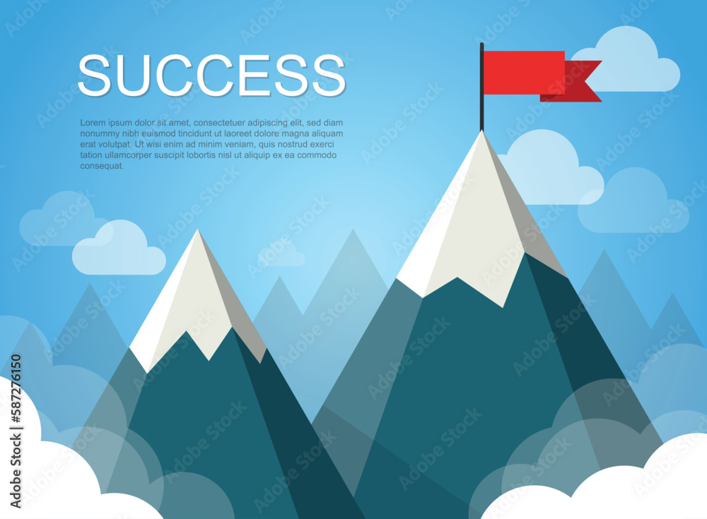 Mountain with flag icon in flat style. Success vector illustration on isolated background. Hiking trip sign business concept.