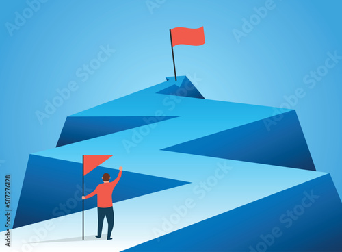 Businessman with flag on top of mountain icon in flat style. Leadership vector illustration on isolated background. Financial success sign business concept