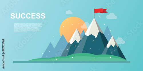 Mountain with flag icon in flat style. Success vector illustration on isolated background. Hiking trip sign business concept.