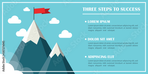Mountain with flag icon in flat style. Success vector illustration on isolated background. Hiking trip sign business concept.