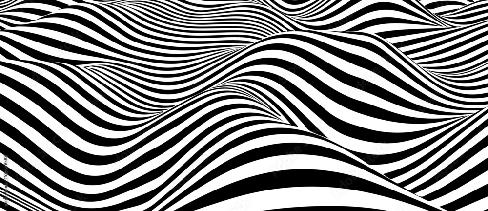 Wave of black and white lines. Abstract background. Optical illusion. 3D vector illustration.