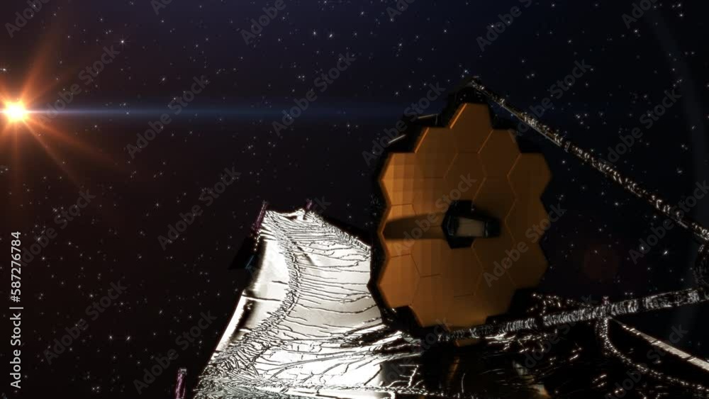 James b space telescope orbiting the sun in deep space. 3D animation