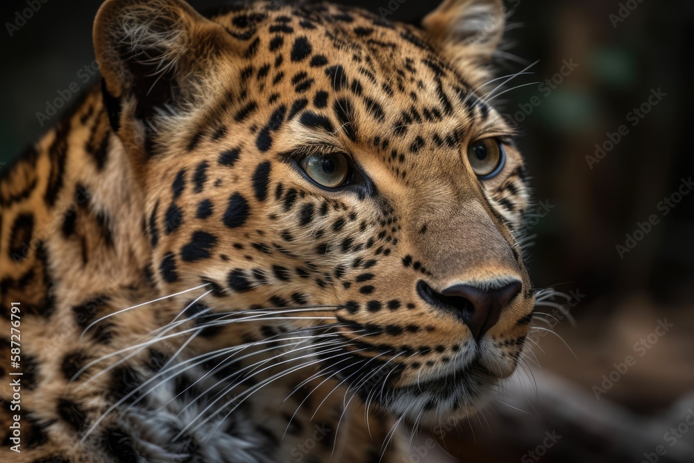 Captive leopard Panthera pardus. This majestic wild animal has distinct markings. Leopard with expressive amber eyes. Generative AI