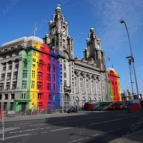 Iconic Liver Building in rainbow colours. Generative AI.