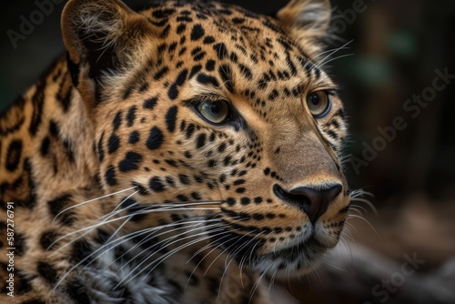 Captive leopard Panthera pardus. This majestic wild animal has distinct markings. Leopard with expressive amber eyes. Generative AI