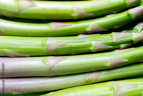 Fototapeta Naklejka Na Ścianę i Meble -  Asparagus. Fresh green asparagus background. Healthy food concept. Vegan healthy food. Asparagus pattern. Top view copy space