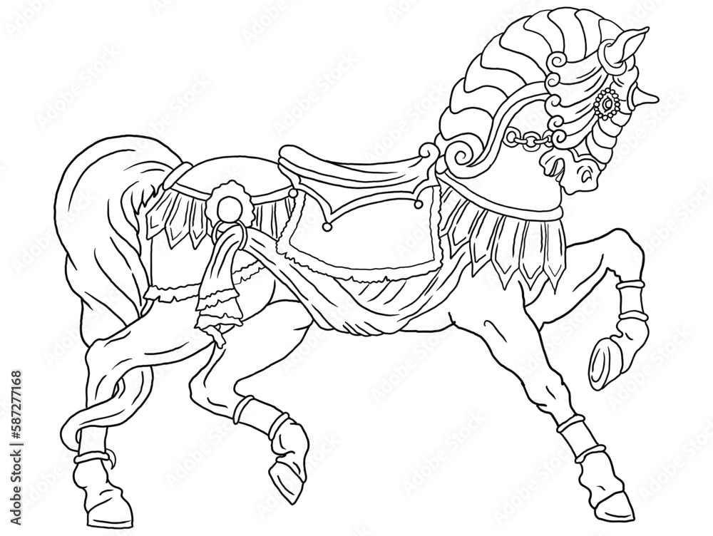 Fototapeta premium This stunning horse illustration is perfect for coloring book enthusiasts of all ages. With intricate details and smooth lines, it's the perfect way to unwind and spark your imagination.