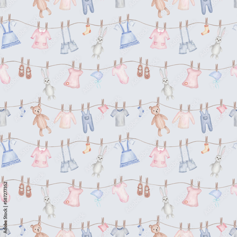 Watercolor seamless pattern. Hand painted illustration of teddy bear, bunny hare. Washed boys and girls clothes: dress, shorts, t-shirt, crawlers, bonnet. Print on blue background for children textile
