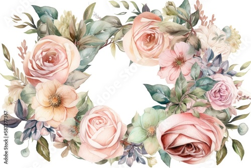 beautiful wreath made of pink roses and green leaves. Generative AI