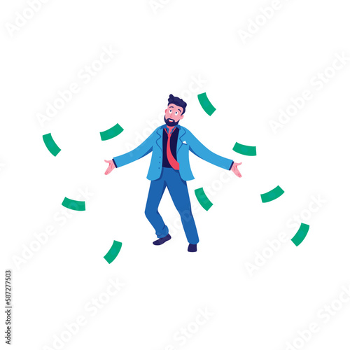 Businessman with scattered green banknotes. Successful investment with maximum profit and sudden wealth design with financial luck vector