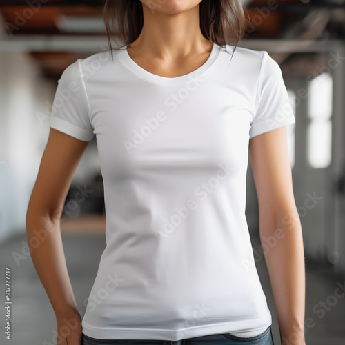 Woman in white T-shirt on blurry background Mockup, White blank t-shirt mockup template, generative ai