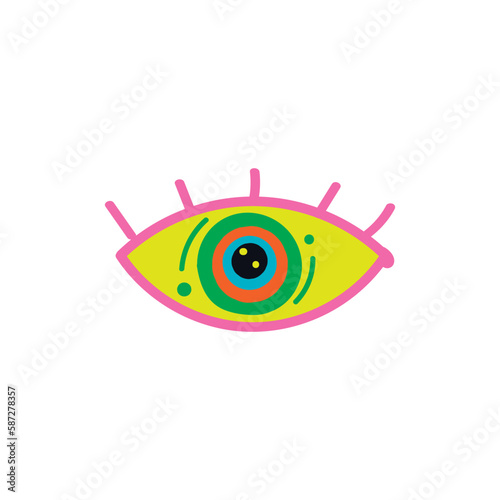 Psychedelic eye. Colorful hypnotic vision with abstract decoration for narcotic spiritual perception vintage vector hippie