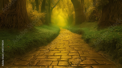 Yellow Brick road in magic forest by AI photo