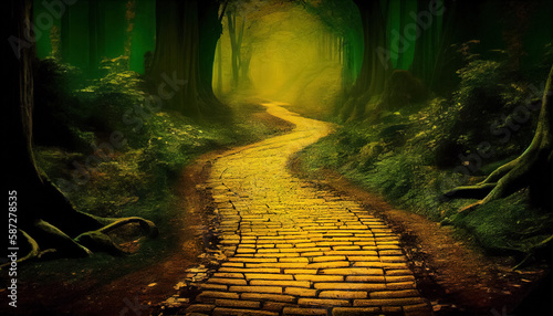 Yellow Brick road in magic forest by AI photo