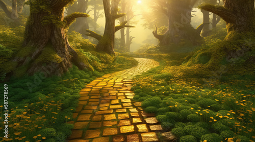 Vászonkép Yellow Brick road in magic forest by AI