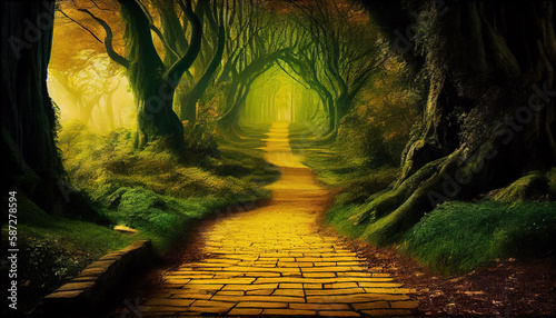 Photographie Yellow Brick road in magic forest by AI