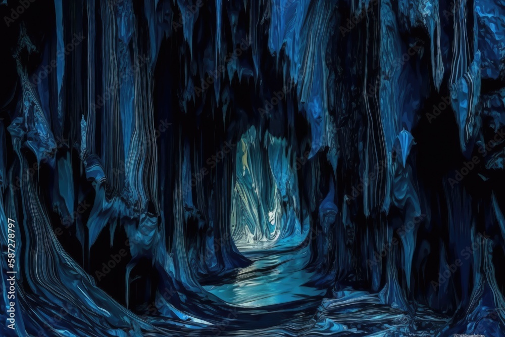 A digital representation of a tunnel system with silvery water and stalactites is shown. Generative AI