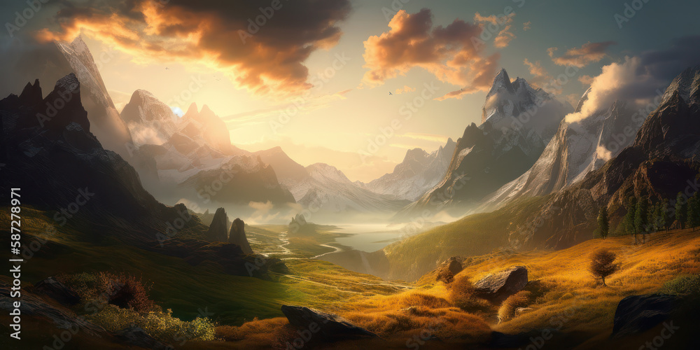majestic landscape with montains and valley. generative ai