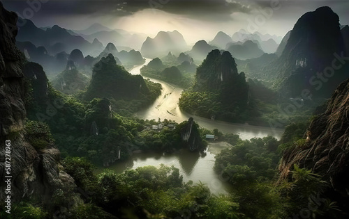 amazing landscape in Vietnam with water, river and mountain peaks. generative ai © mimadeo