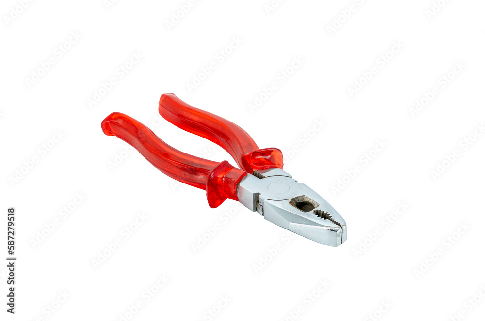 Eine Kombizange mit rotem Handgriff für Handwerker vor einem weißen Hintergrund Eine Kombizange mit rotem Handgriff für Handwerker vor einem weißen Hintergrund