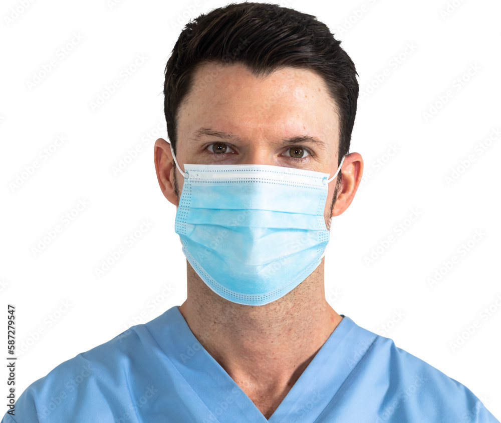 Man health worker wearing an mask and an blouse looking to the camera with black background Man health worker wearing an mask and an blouse looking to the camera with black background