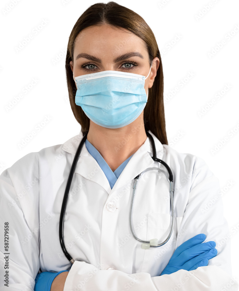 Woman health worker wearing an mask and an blouse looking to the camera with black background Woman health worker wearing an mask and an blouse looking to the camera with black background