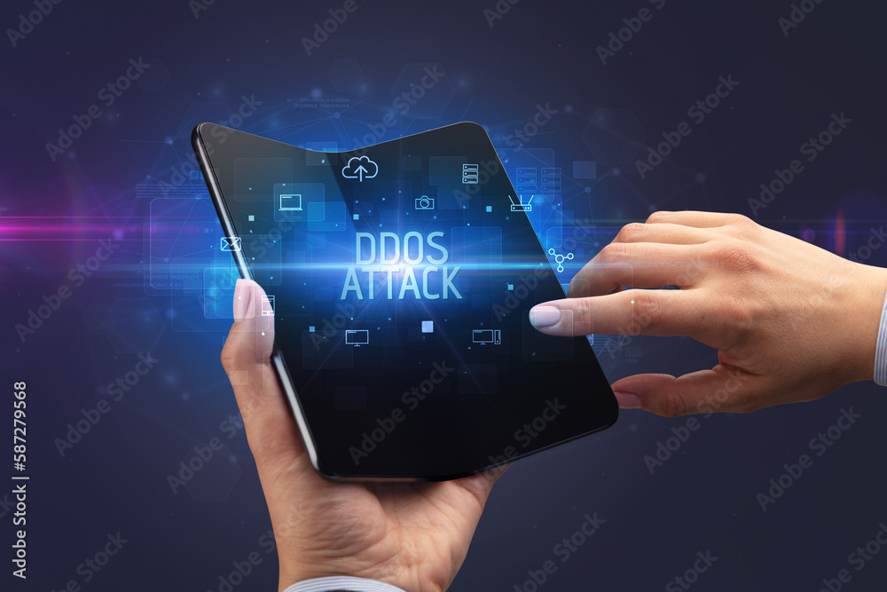 Businessman holding a foldable smartphone, security concept Businessman holding a foldable smartphone, security concept