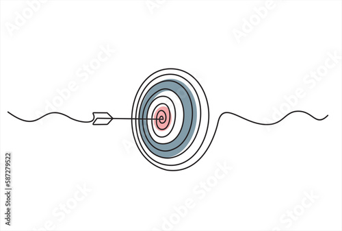 Continuous one line drawing of arrow on target circle.Target bullseye or arrow on target. The business grows according to the goals set. Business market concept. 