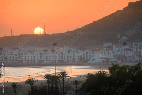 Agadir beach and city On Sundown in Morroco
