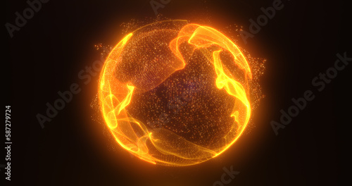 Abstract orange fire energy sphere of particles and waves of magical glowing on a dark background