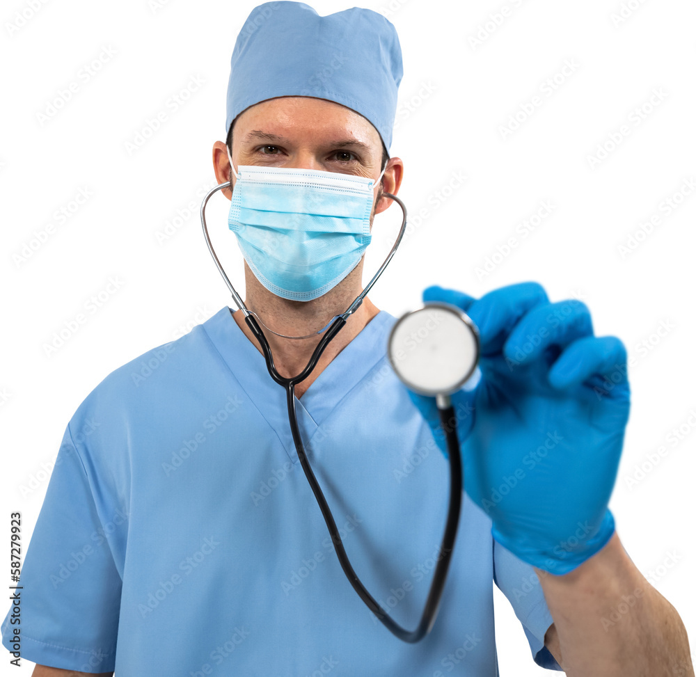 Mid section of man health worker wearing gloves and blouse while using stetoscope Mid section of man health worker wearing gloves and blouse while using stetoscope
