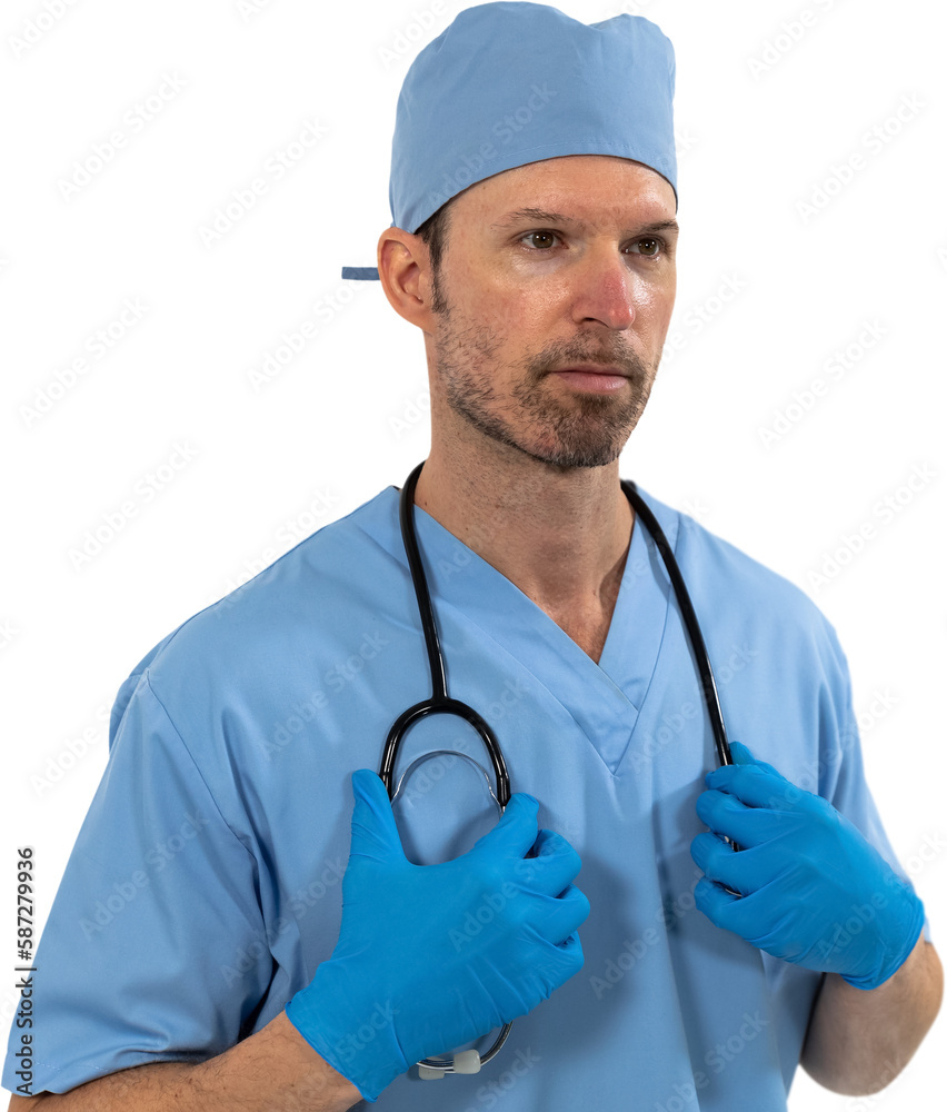 Mid section of man health worker wearing gloves and stetoscope against black background Mid section of man health worker wearing gloves and stetoscope against black background