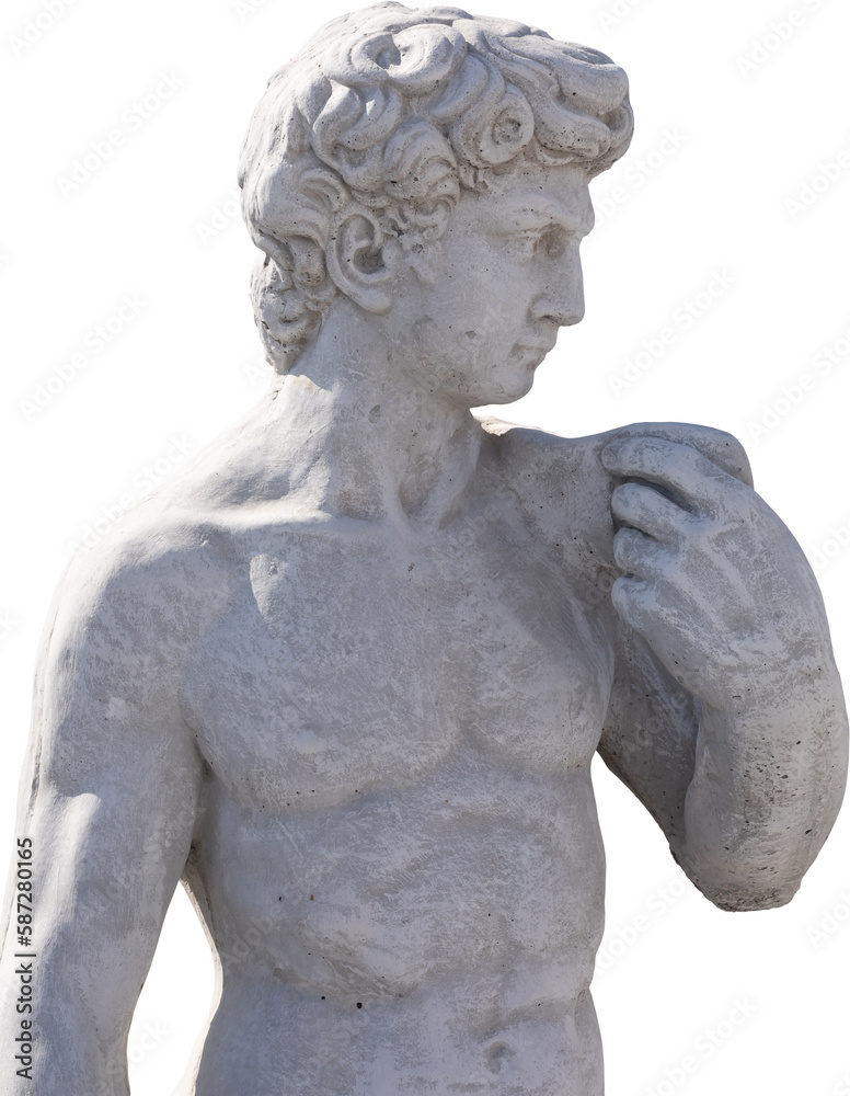 Fototapeta premium Image of ancient classical style weathered sculpture of naked man on transparent background