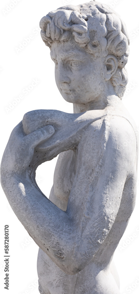 Naklejka premium Image of ancient classical style weathered sculpture of naked man on transparent background